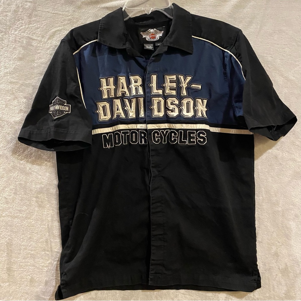 Harley Davidson Shirt Men’s Medium Black Blue Button Down Spellout Cover Placket